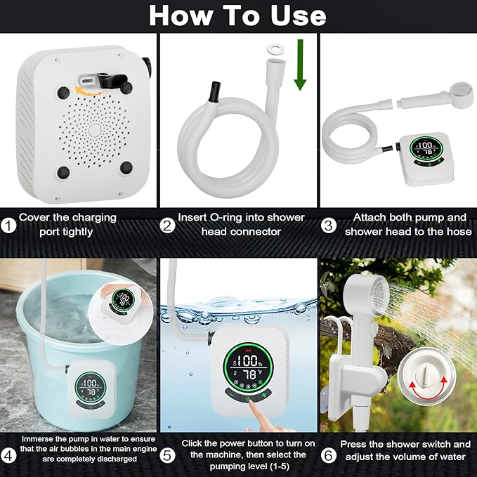 Portable Shower for Camping, 8000mAh Rechargeable Camping Shower Pump with 3X Stronger Water Flow, 5 Pressure Levels & 4 Shower Modes Outdoor Shower with Intelligent LED Display for Hiking Travel Pet