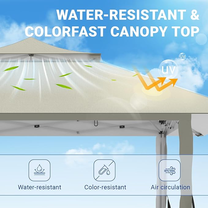 Favofamilie13x13 FT Pop Up Canopy, Instant Setup Gazebo with Wheeled Carry Bag, 4 Sandbags & 4 Ropes, UV-Resistant Top, Heavy Duty Outdoor Shelter for Backyard Camping Events, Khaki