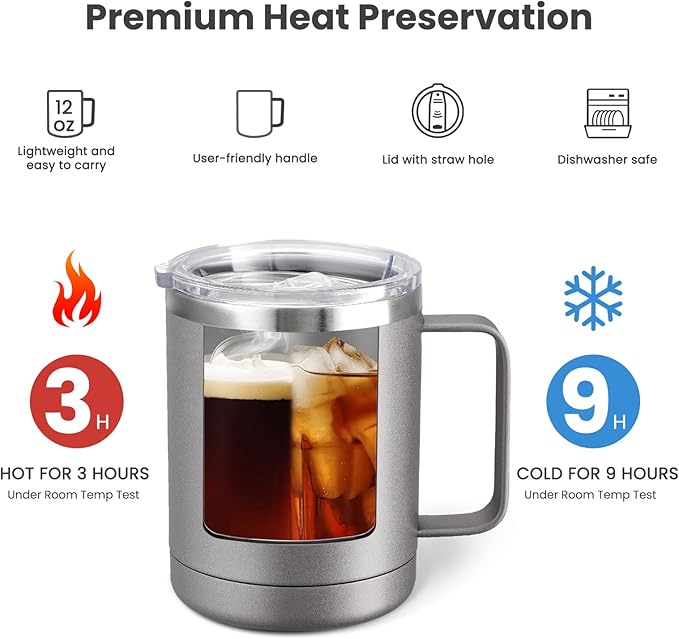 MEWAY 12oz Coffee Mug With Handle 2 Pack Bulk,Stainless Steel Insulated Travel Tumblers With Sliding Lid,Double Wall Vacuum Camping Cup for Hot & Cold Drinks Tea (Cold Grey,Set of 2)