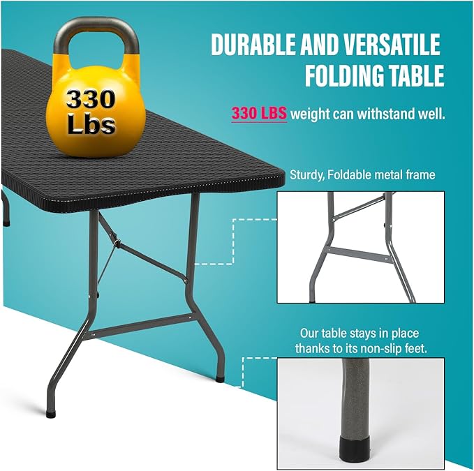 FDW Folding Table Half Portable Foldable Table for Parties Backyard Events (Black Ratten, 6 FT)