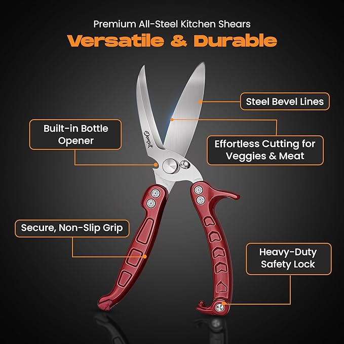 Heavy Duty Poultry Shears – Kitchen Scissors for Meat, Chicken, Turkey, and Vegetables – Non-Slip Handle, Safety Lock, Dishwasher Safe