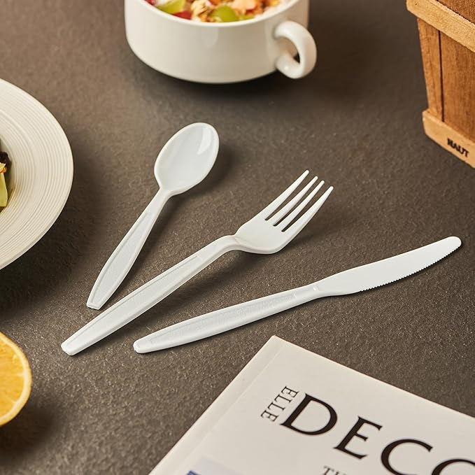 FULING White Plastic Forks Spoons Knives Heavyweight Utensils Disposable Silverware Heavy Duty Cutlery Set [300 Combo Box]