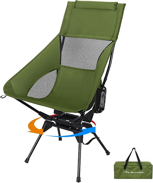 Swivel Folding Chair, High Back Camping Chair with Head Support, Side Cup Pocket, Stable Portable Outdoor Chair for Camp, Travel, Beach, Party, Fishing (Green)