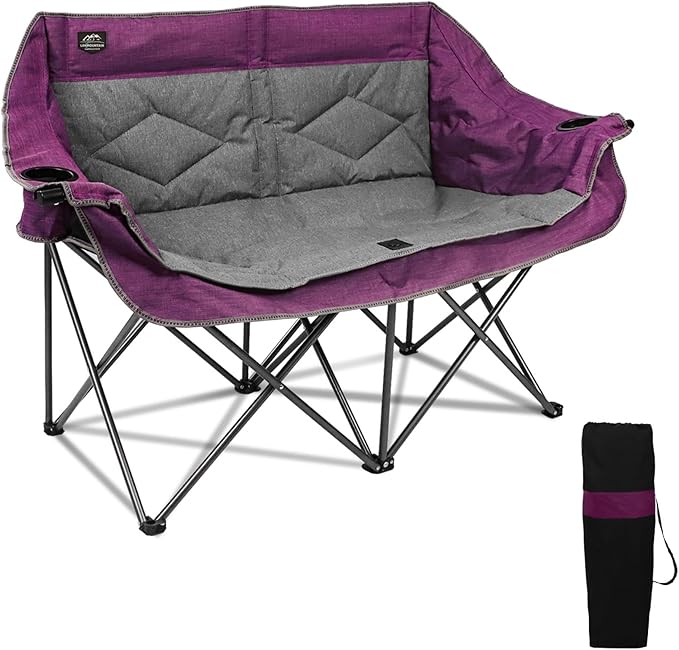 Folding Loveseat Camping Chair,Portable Double Chair w/Cup Holder,Wine Glass Holder,Carry Bag Heavy Duty Lawn Chair for 2 Adults,Perfect for Camp,Hiking,Picnics and Beach Trips,Purple