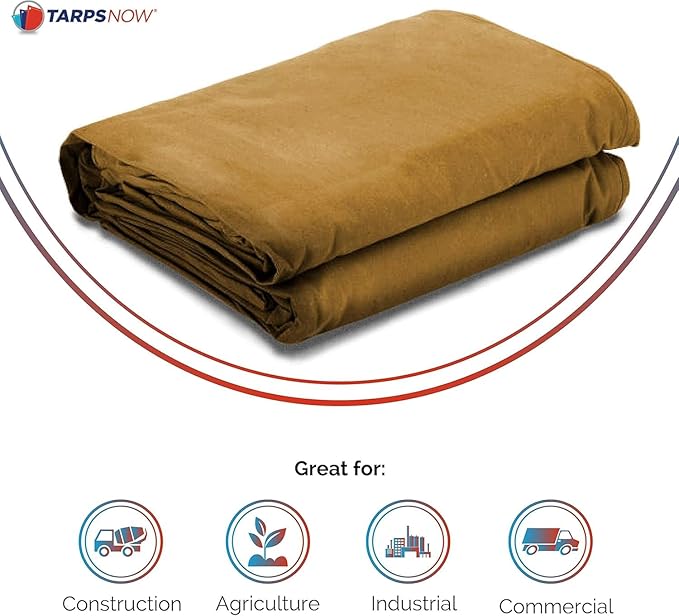 Tarps Now 8x10 ft Heavy Duty Canvas Tarp | 18 MIL Industrial Grade, Tear Resistant, Reinforced Edges, Nickel Plated Grommets | Ideal for Construction, Trucking, Manufacturing, Automotive – Tan Color