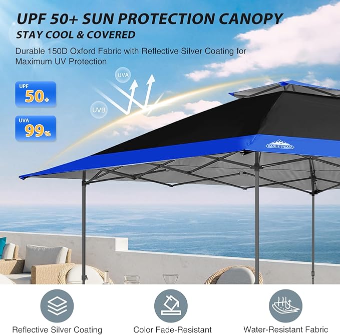 EAGLE PEAK 13x13 Straight Leg Pop Up Canopy Tent Instant Outdoor Canopy Easy Single Person Set up Folding Shelter w/Auto Extending Eaves 169 Square Feet of Shade (Black/Blue)
