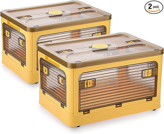 Folding Storage Bins, 28 Liters, 2 Pcs Yellow Plastic Storage Containers with Wheels, Four Doors, Foldable, Stackable, Plastic Box with Lids for Organization, Storage Cart