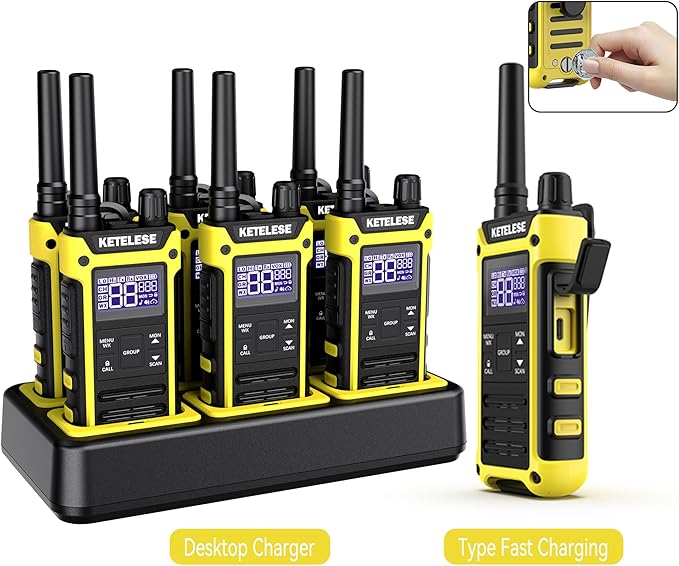 T3F Walkie Talkies 6 Pack for Adults, IP67 Waterproof 2 Way Radios Rechargable, with Earpiece and Mic, Shock Resistant, Dual PTT, One Key Group Call, VOX, NOAA&Wheather Alert, Black/Yellow