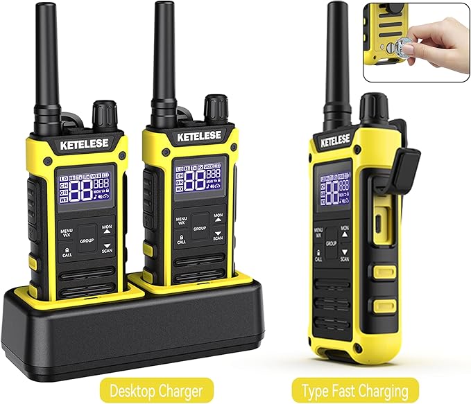 T3 FRS IP67 Waterproof Walkie Talkies with USB Mini Charger, 1100mAh Rechargeable Batteries, NOAA Weather Alert, 2 Way Radio for Cruise Ships Surfing, 2pack, Black/Yellow
