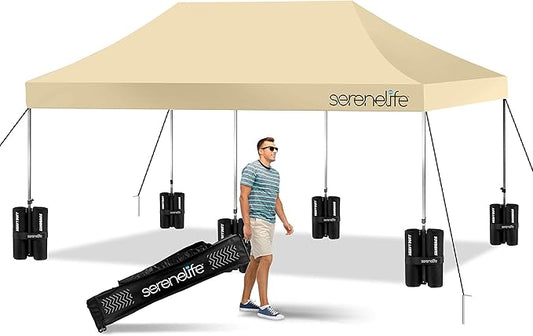 SereneLife Pop Up Canopy Tent 10x20 - Commercial Instant Shelter Foldable/Collapsible Sun Shade Canopy Pop Up Tent w/Waterproof Tent Top, Portable Carry Bag & Sand Bag - SereneLife SLGZ20K (Khaki)