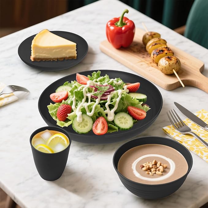 Wheat Straw Dinnerware Sets for 8, 32 Piece Unbreakable Plates and Bowls Sets, Alternative Plastic Dinnerware Set for Kitchen Outdoor and Apartment Dinning Essentials - Black