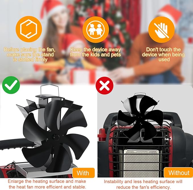 Wood stove fan for Little/Big Buddy Propane Heater, Heat Powered Fireplace Fans 6 Blades for Heaters Thermoelectric Thermal Fan with Bracket Camping/Picnic Indoor Use w/Stove Thermometer Accessories