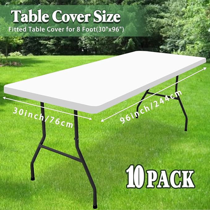 10 Pack Picnic Table Cover Fitted Tablecloths 8 Foot Rectangle Tables Elastic Waterproof Stretch Washable Patio Folding Outdoor Spandex Table Cloth for Camping Banquet and Parties (White,30" x 96")
