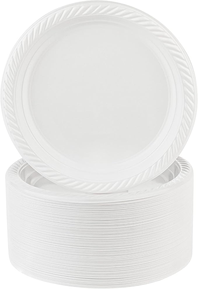 125 Pack - 9 Inch White Plastic Plates Disposable Strong and Sturdy