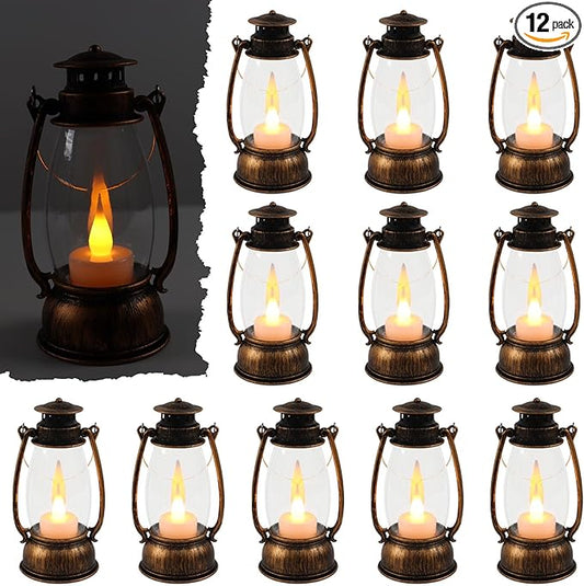 12Pcs Mini Lantern Decorative with Flickering LED Candle, 6Inch Small Western Lantern for Table Centerpiece, Vintage Hanging Candle Holders for Western Halloween Camping Party Decor (Brown)