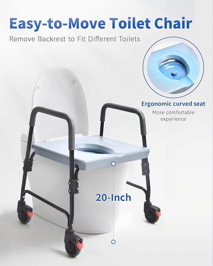 Sangohe Bedside Commode, Portable Toilet for Elderly, Rolling Commode with Wheels, Rear Locking Wheels, Bariatric Bedside Commode, 7-qt Commode Bucket Included, Extra Wide Seat, 601A