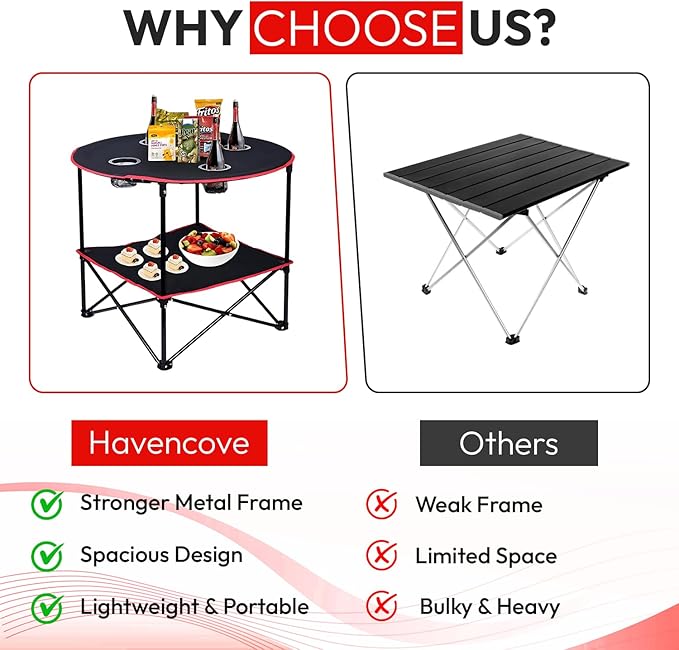 Camping Table, 2-Tier Folding Portable Table with 4 Cup Holders, Camping Cip & Carry Bags for Camping, Collapsible Table Steel Frame, High-Grade 600D Canvas, for BBQ, Fishing, and Picnic