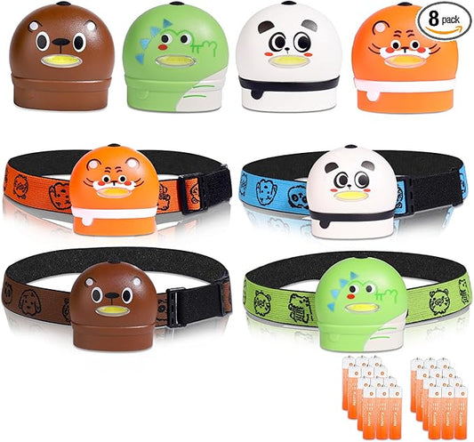 KunHe 8 Pack LED Kids Headlamp with Animal Designs Adjustable Headlight for Camping Running Christmas Stocking Stuffers Gifts for Girls Boys Batteries Included