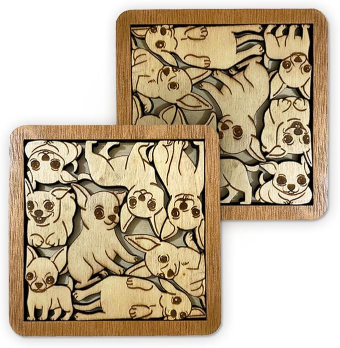 02 Chihuahua Dog Puzzle Coaster - Chihuahua Dog Puzzle Wooden Coaster Set - Interlocking Jigsaw Drink Mats with Laser-Cut Design for Chihuahua Lovers