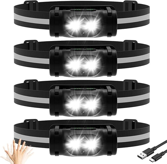 High Lumens Rechargeable Magnetic LED Headlamp for Camping, Hiking, Caving, Fishing, Waterproof Impact-Resistant Bright Head Light with 4 Light Modes, Adjustable Headstrap (4 Pack Magnetic Headlamp)