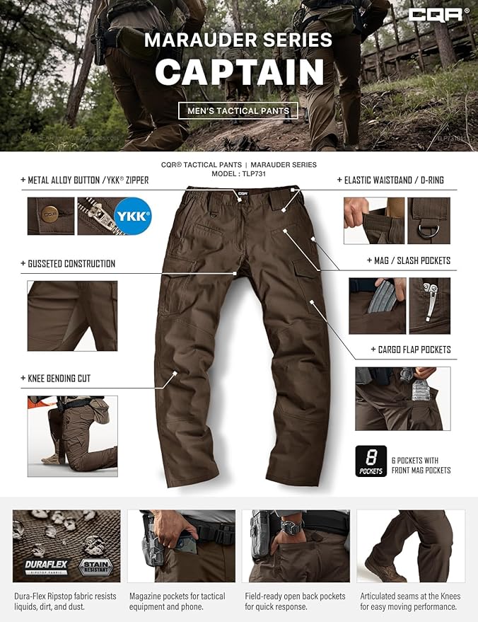 CQR Men's Flex Ripstop Tactical Pants, Water Resistant Stretch Cargo Pants, Lightweight EDC Hiking Work Pants