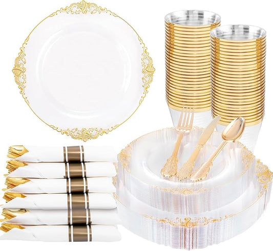 Nervure 175PCS Clear Gold Plastic Plates - Disposable Gold Party Plates & Pre Rolled Napkins with Cutlery for 25 Guests, 50Plates, 75Silverware, 25Cups, 25Napkin for Wedding & Party & Thanksgiving