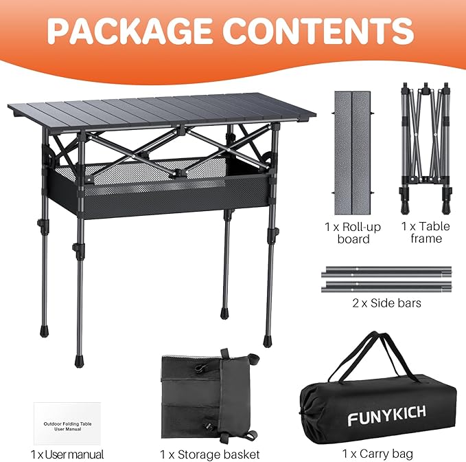 FUNYKICH Folding Camping Table(L32.3''xW15.7''), Aluminum Roll-up Portable Picnic Table with 2 Adjustable Height, Large Storage and Carrying Bag for Picnic, Camping, BBQ, Party, Backyard, Beach