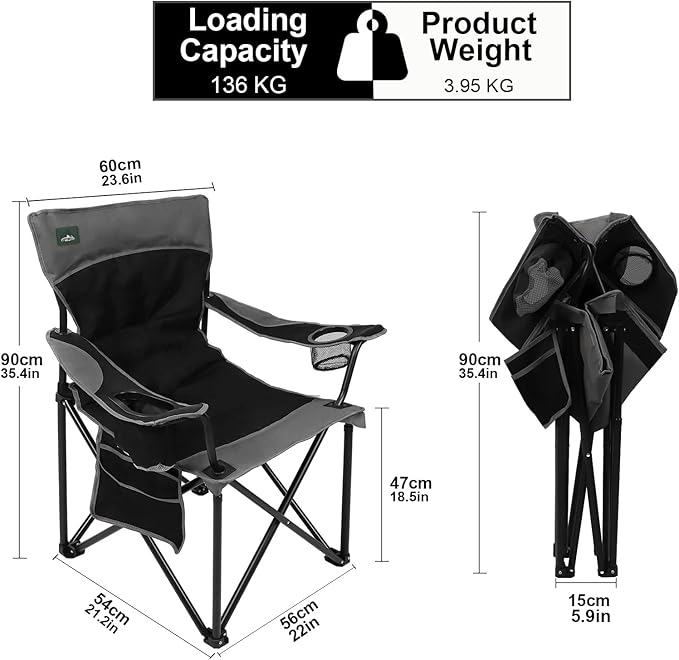 Northroad Foldable Camping Chair Heavy-Duty Outdoor Folding Chair Support Up to 300lbs for Hiking, Picnics, Patio, Beach, Fishing (Black)
