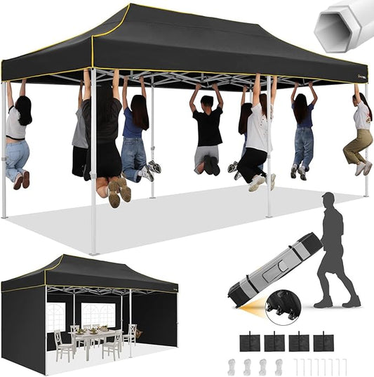 HOTEEL 10x20 Heavy Duty Pop Up Canopy Tent with 4 Sidewalls, Commercial Outdoor Canopy Tents for Parties Event Wedding with Roller Bag, Waterproof & UV 50+, Upgraded Thickened Hexagonal Legs, Black