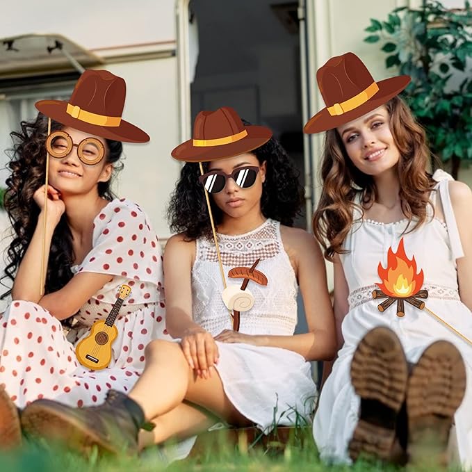 25Pcs Happy Camper Party Photo Props, Camping Adventure Photo Booth Props with Stick and Dot Glue for Camping Birthday Party, Baby Shower,Backyard Camp Out Campfire Hiking Adventure Party Decor