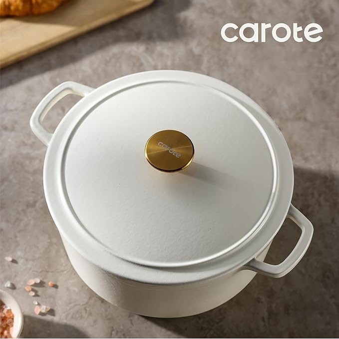CAROTE Cast Iron Dutch Oven Pot with Lid, Enameled Dutch Oven for Sourdough Bread Baking, Dual Handles, Heavy-Duty Cast Iron Pot, 5QT, White