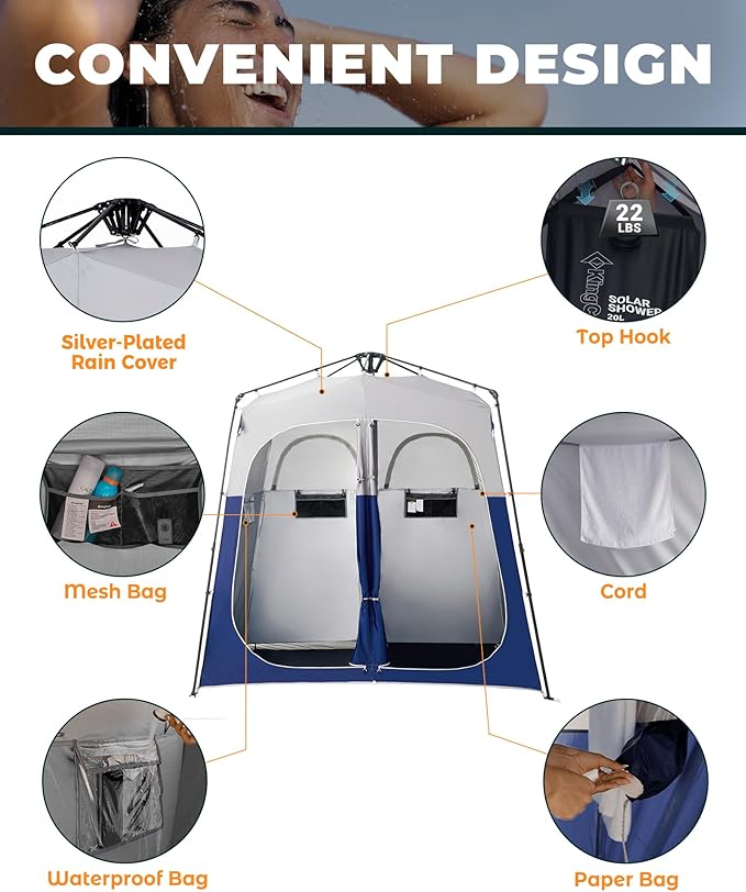 KingCamp Instant Shower Tent, Portable Superior Stable Privacy Shelter, 2 Large Rooms Outdoor Toilet Tent with Floor for Beach, Camping & Hiking, Setup in Under 60s