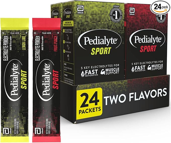 Pedialyte Sport Electrolyte Powder, Fast Hydration with 5 Key Electrolytes for Muscle Support Before, During, & After Exercise, 12 Lemon Lime & 12 Fruit Punch, 0.49-oz Packets (24 Count)