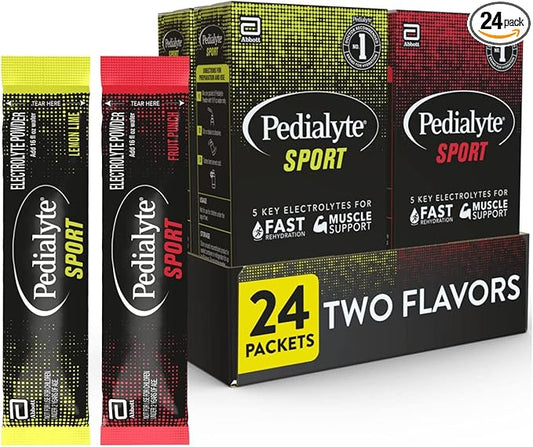 Pedialyte Sport Electrolyte Powder, Fast Hydration with 5 Key Electrolytes for Muscle Support Before, During, & After Exercise, 12 Lemon Lime & 12 Fruit Punch, 0.49-oz Packets (24 Count)