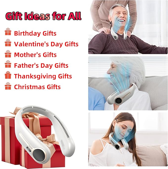 Portable Neck Fan,Gift Ideas,Personal Wearable Bladeless Fan,360° Cooling,LED Display,4-Speeds,6000mAh Rechargeable,Powerful Wind,Outdoor Travel Camping,Birthday Gifts for Men Women (Light grey)