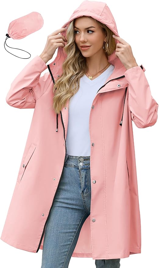 Zando Long Packable Rain Jacket Women Waterproof - Raincoat for Women Rain Coat with Hood Lightweight Outdoor Windbreaker