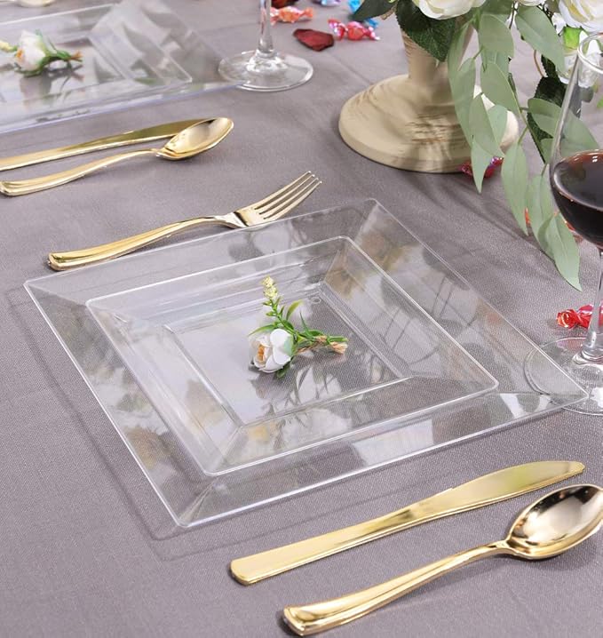 WDF 60PCS Clear Plastic Plates - Square Disposable Dessert/Salad Plates- 7inch Plastic Appetizer Plate for Wedding &Parties