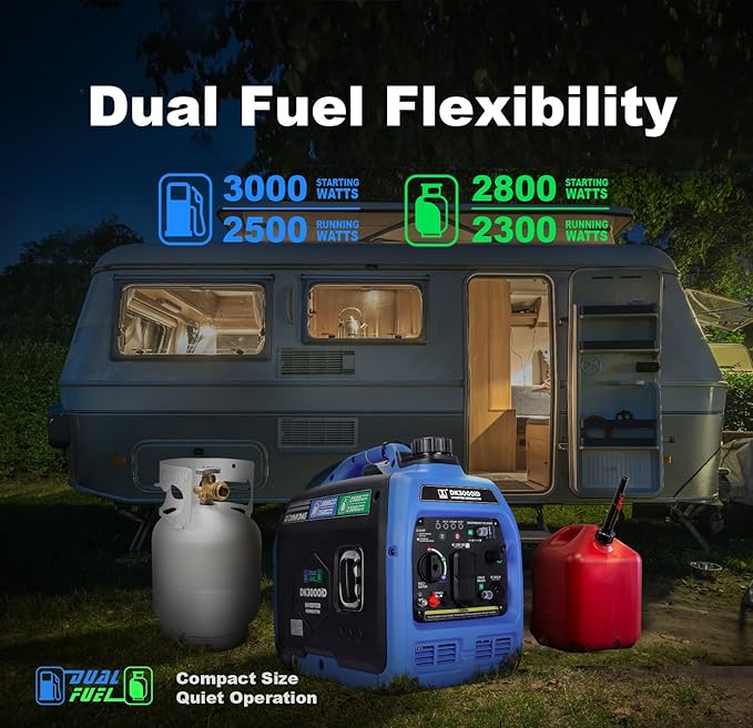 DK 3000W Dual Fuel Inverter Generator, Gas LPG Powered, Quiet Lightweight, Parallel Ready, CO Alert, EPA Compliant, for RV Outdoor Camping Tailgating (DK3000iD）