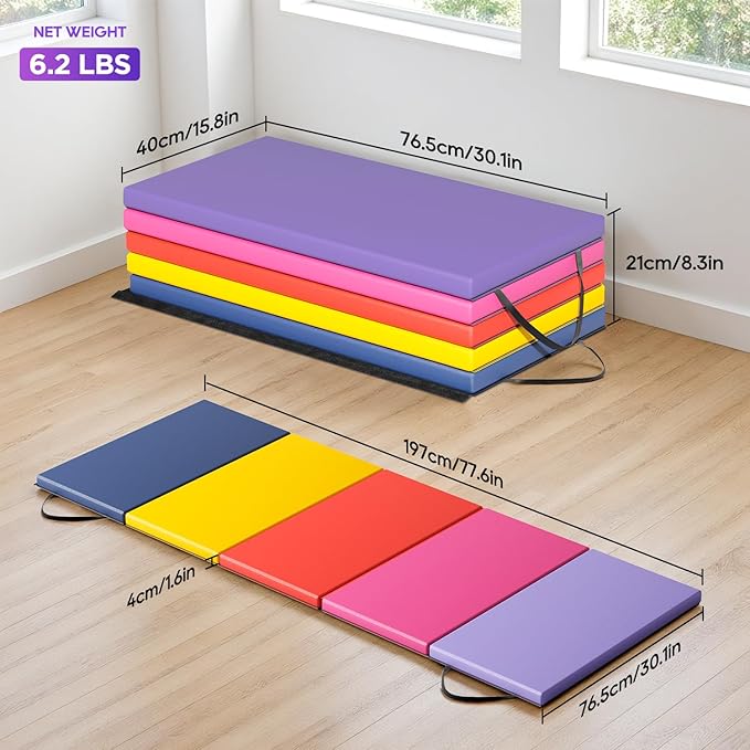 Gymnastics Mats Foldable Tumbling Mats Portable Gymnastics Exercise Mat 2'x6'/2.5'x6.4'/4'x6'/4'x8'/4'x10'/ Gymnastics Tumbling Mats Pad Home Exercise Panel Mat With Carrying Handles