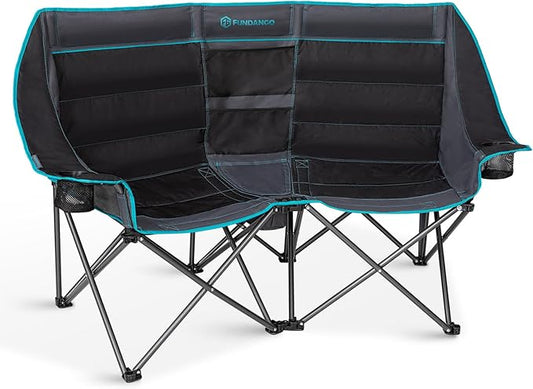 FUNDANGO Double Camping Chair with Cooler, 2 Person Folding Oversized Loveseat Camp Chairs for Adults Fully Padded Couch with Cup Holder for Outdoor Lawn Beach Patio Support 660 LBS Black/Blue
