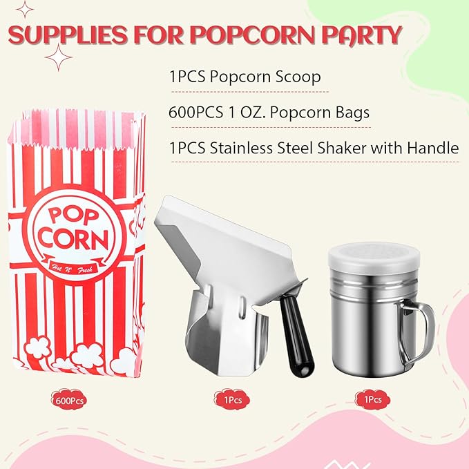 602 Pcs Popcorn Bags with Popcorn Scoop and Salt Shaker,1 oz Small Pop Corn Bags Popcorn Bags Individual Servings for Popcorn Machine Supplies Party Movie Night Theater