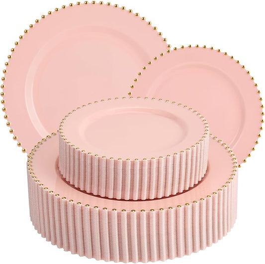 EI 60pcs Pink Plastic Plates with Gold Rim,Pink Party Plates Disposable,Heavy Duty Dinner/Dessert Fancy Elegant Plate for Wedding,Birthday,Afternoon Tea