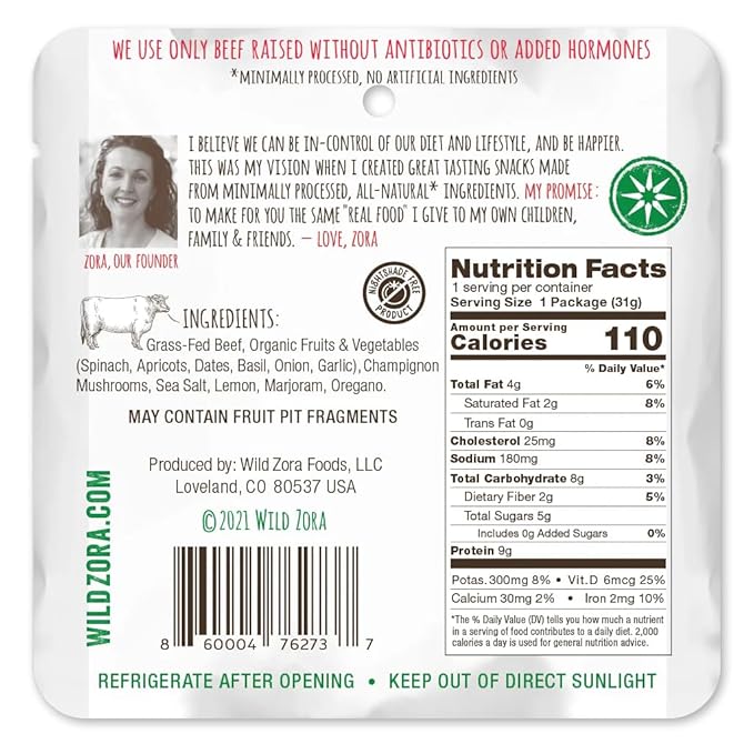 Wild Zora Meat and Veggie Bars, Italian Beef, 10-Pack, 100% Grass Fed Meat, Healthy Paleo Snacks with Veggies, Gluten Free, Soy-Free, High Protein, No Added Sweetener, Garlic, Oregano, Basil