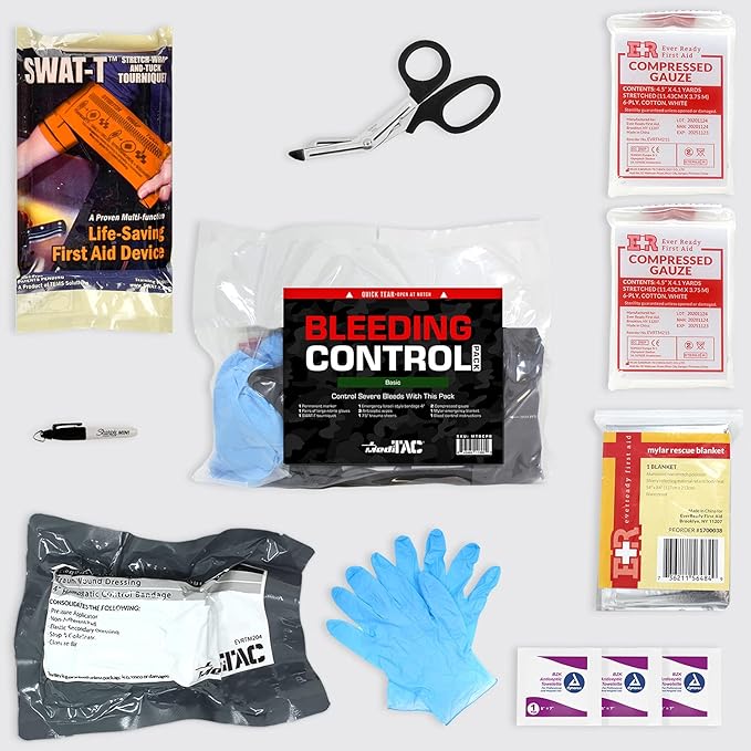 MediTac Basic Bleeding Control Pack Feat. SWAT-T Tourniquet, Emergency Bandage and Compressed Gauze Dressing - Basic
