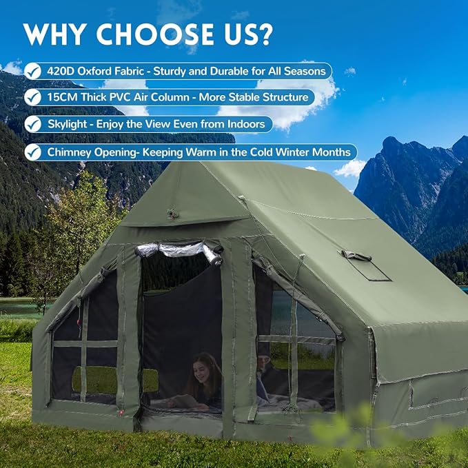 Inflatable Camping Tent with Pump, 4 Season Inflatable Tents for Camping, Inflatable House Tent Waterproof Easy Setup Glamping Tent