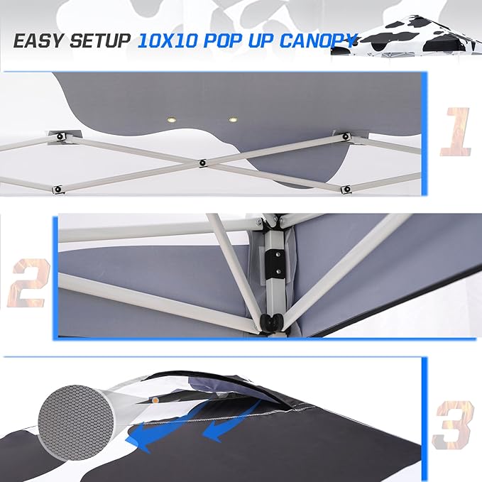 EAGLE PEAK Pop Up Canopy Tent with Wheeled Carry Bag, 8 Stakes, 4 Ropes, 4 Weight Bags, Easy Set Up Tent Canopy, 10x10 ft, 100sqft of Shade, Cow Print