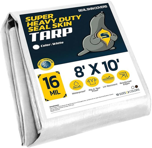 Seal Skin Covers Heavy Duty Waterproof Tarp 8x10 FT, 16 Mil 8 OZ 160 GSM Thick White Poly Tarp with Rustproof Grommets, Tear-Proof Cover with Reinforced Edges for Camping, Pool, Canopy Use