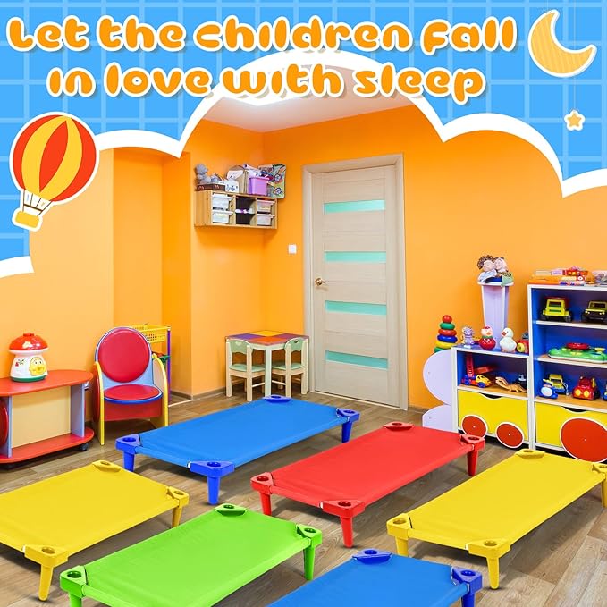 6 Pcs Stackable Daycare Cots for Toddler 54" l x 23" W Kids Cots for Sleeping Portable Kids Bed Furniture Bed Frames Headboards Footboards for Classroom Preschool (Multicolor)