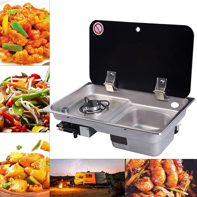 Gas Camping Stove,2 Burners Boat Caravan RV Camper with Tempered Glass Panel, Boat Caravan Camper Burner Gas Stove Hob and Sink Combo