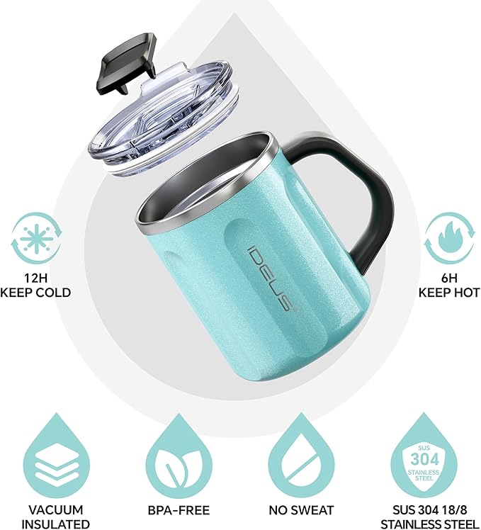 Ideus 16 oz Coffee Cup, Stainless Steel Coffee Travel Mug, Spill Proof Tea Mug with Handle and Lid, Lightweight and Durable, Great for Office Home and Outdoor Use, Sky Blue